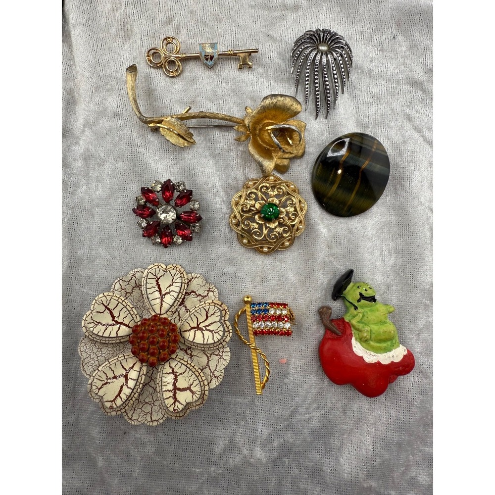 Vintage Brooch Lot Mixed Metals Flower Teacher Stone Newton College‎ Flag